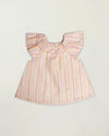 Early Sunday, Lola Blouse in Pink Stripes color, made from printed 70% cotton 30% linen fabric, featuring Ruffled neckline, flutter sleeves with contrast detailing, and gentle gathers for a sweet silhouette, shown in a front flat-lay view