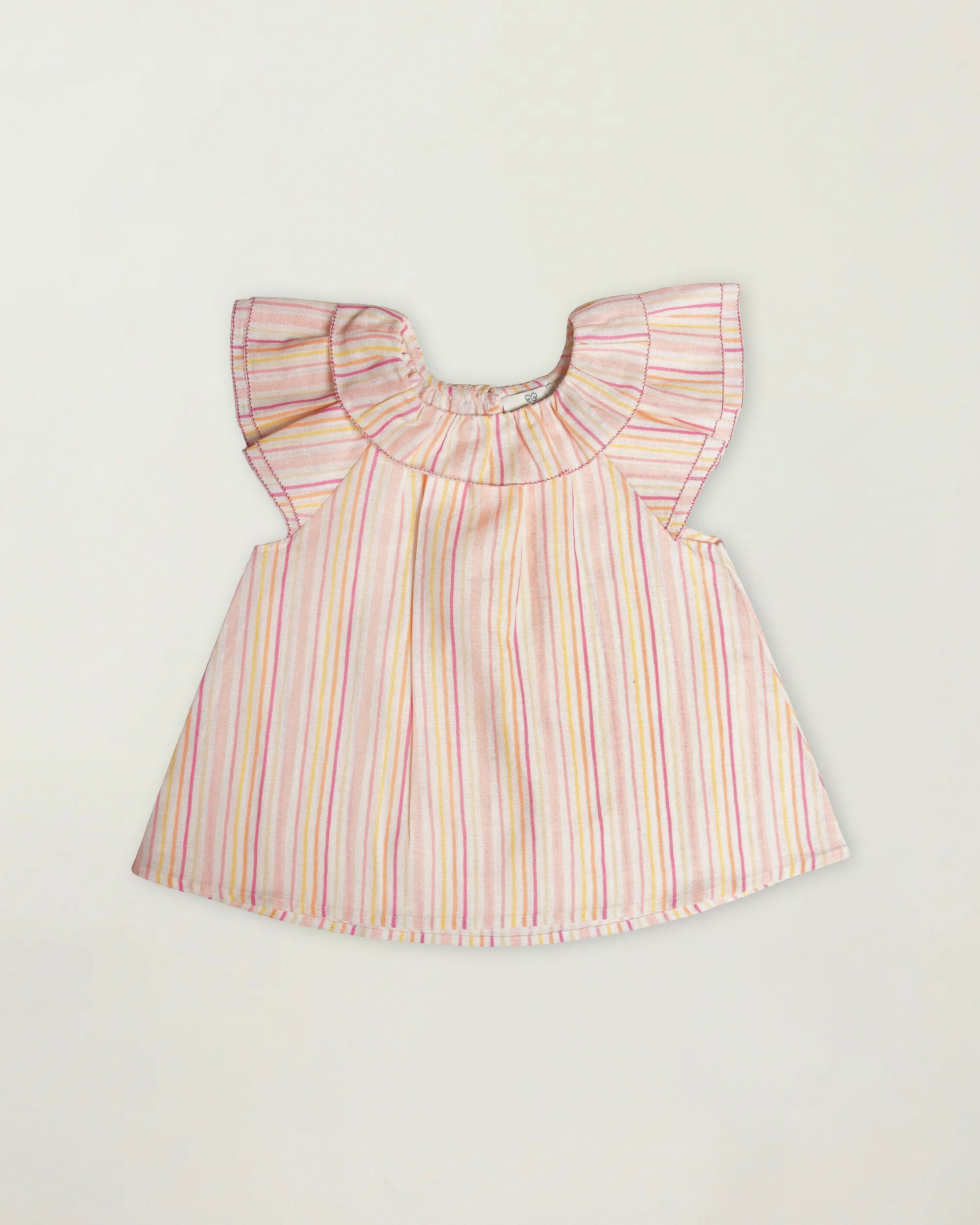 Early Sunday, Lola Blouse in Pink Stripes color, made from printed 70% cotton 30% linen fabric, featuring Ruffled neckline, flutter sleeves with contrast detailing, and gentle gathers for a sweet silhouette, shown in a front flat-lay view