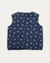 Early Sunday, Lou Vest jacket in Ditsy Bouquet Navy, made from Printed Cotton Satin fabric, featuring sleeveless quilted silhouette with tie-up bow detailing, shown in a back flat-lay view