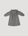 Early Sunday, Louise Dress in Autumn Garden Greyish Blue, made from Printed Cotton Satin fabric, featuring classic silhouette with a charming print, shown in a back flat-lay view