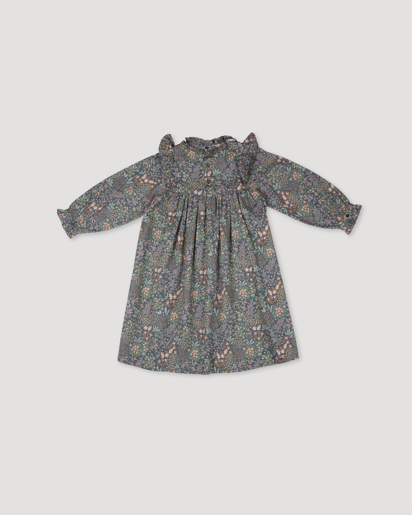 Early Sunday, Louise Dress in Autumn Garden Greyish Blue, made from Printed Cotton Satin fabric, featuring classic silhouette with a charming print, shown in a back flat-lay view