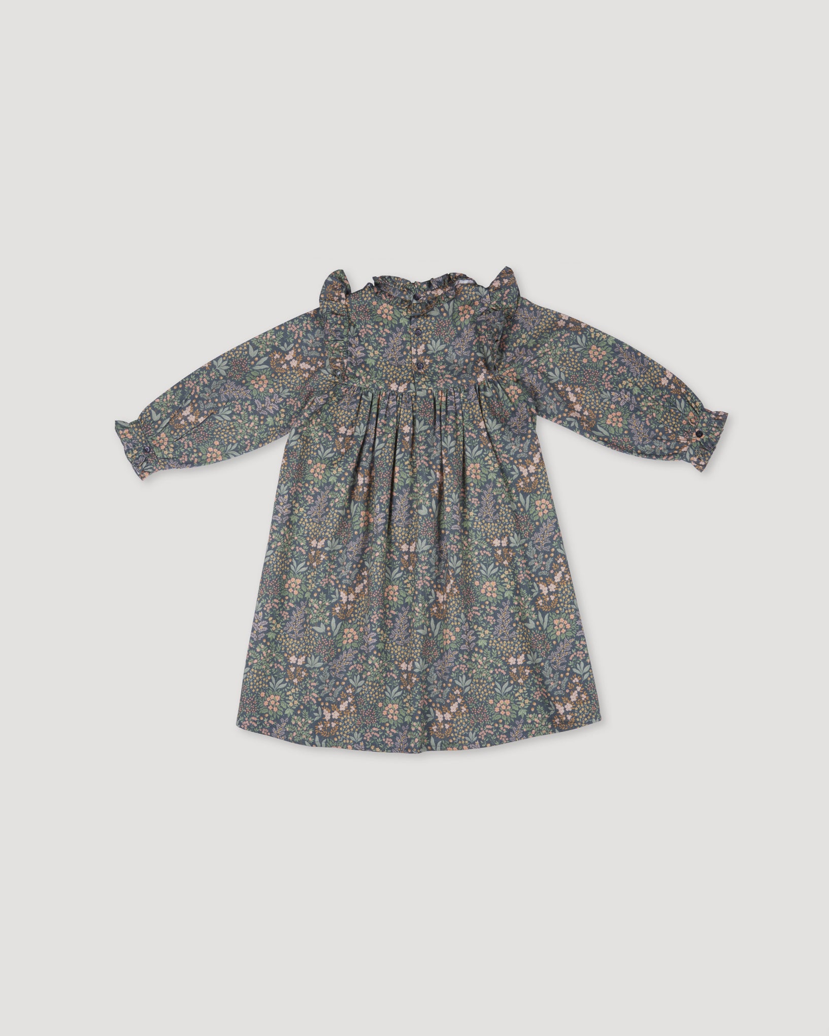 Early Sunday, Louise Dress in Autumn Garden Greyish Blue, made from Printed Cotton Satin fabric, featuring classic silhouette with a charming print, shown in a back flat-lay view