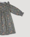 Early Sunday, Louise Dress in Autumn Garden Greyish Blue, made from Printed Cotton Satin fabric, featuring classic silhouette with a charming print, shown in a closeup flat-lay view
