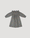 Early Sunday, Louise Dress in Autumn Garden Greyish Blue, made from Printed Cotton Satin fabric, featuring classic silhouette with a charming print, shown in a front flat-lay view