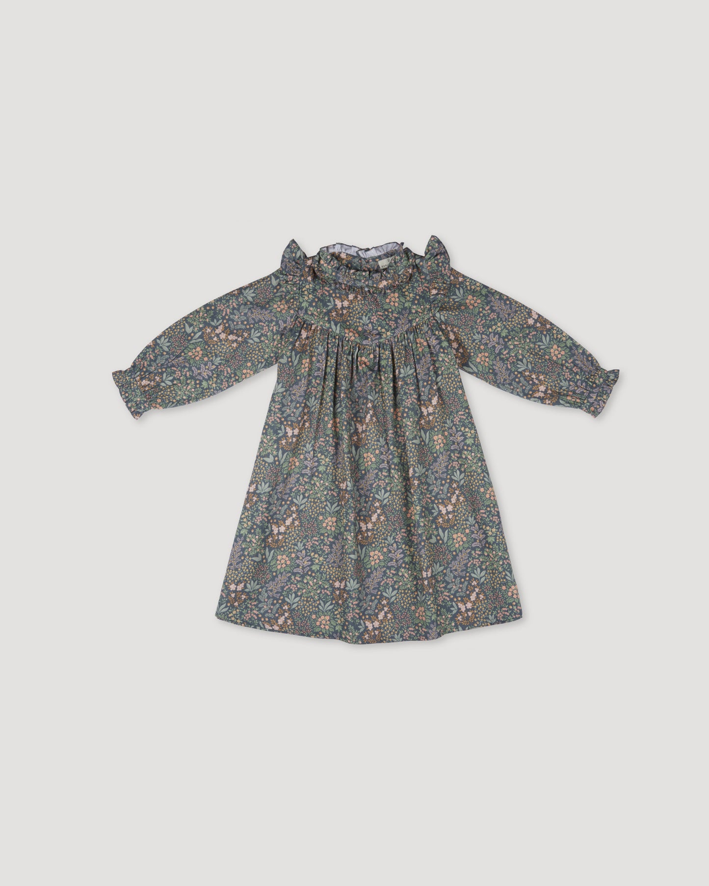 Early Sunday, Louise Dress in Autumn Garden Greyish Blue, made from Printed Cotton Satin fabric, featuring classic silhouette with a charming print, shown in a front flat-lay view