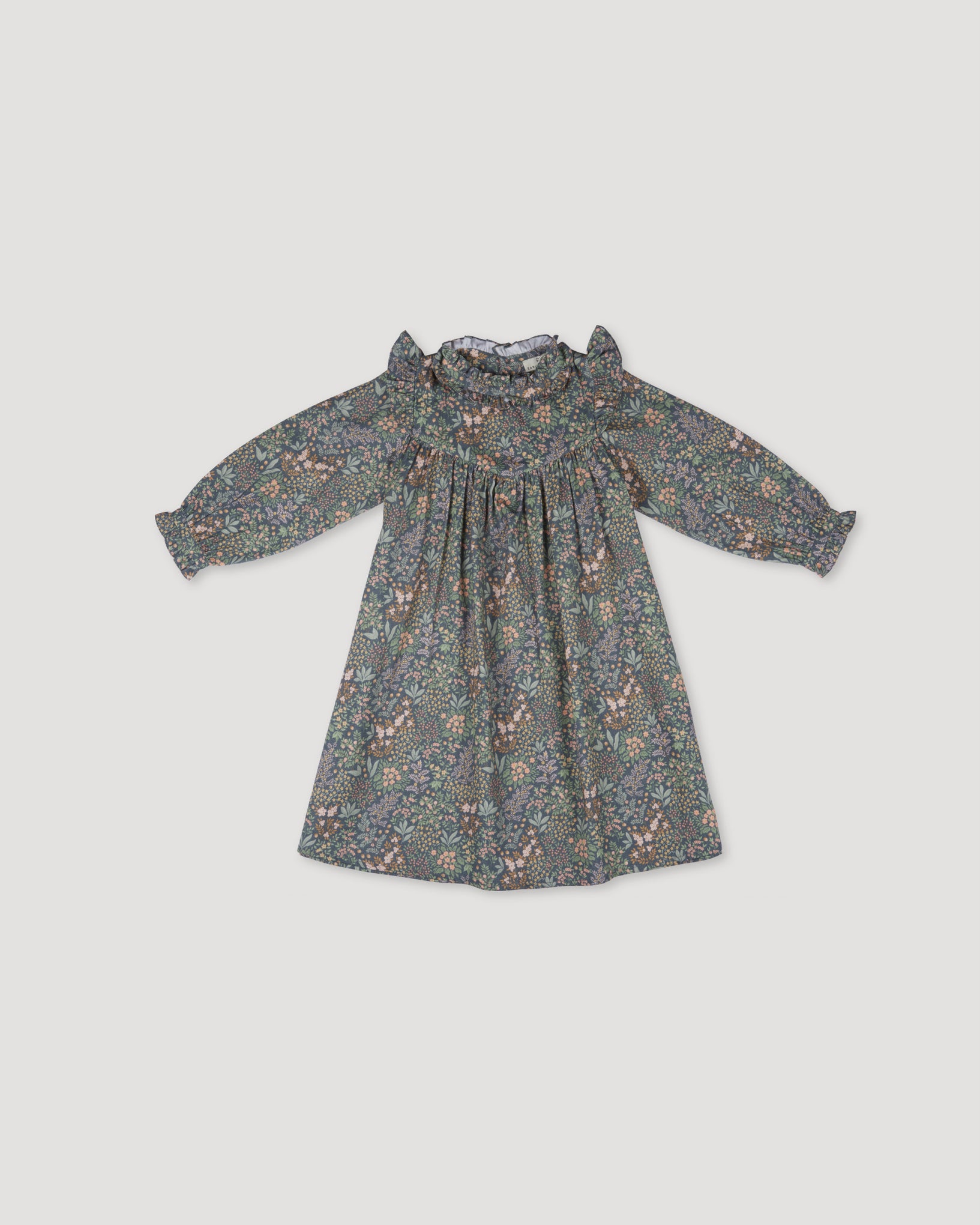 Early Sunday, Louise Dress in Autumn Garden Greyish Blue, made from Printed Cotton Satin fabric, featuring classic silhouette with a charming print, shown in a front flat-lay view