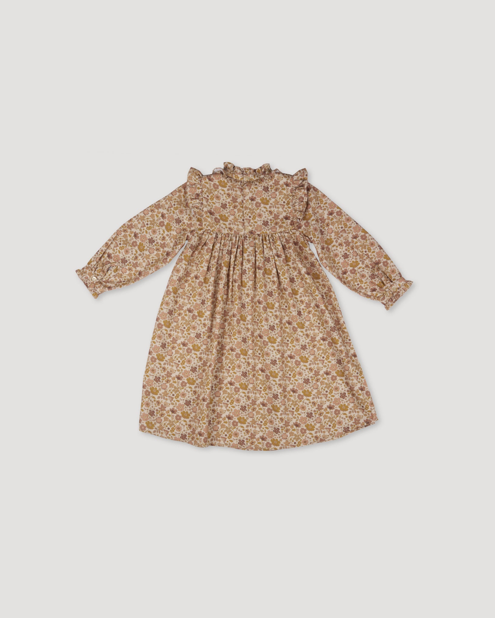 Early Sunday, Louise Dress in Garden Flowers Dusty Pink, made from Printed Cotton Satin fabric, featuring classic silhouette with a charming print, shown in a back flat-lay view