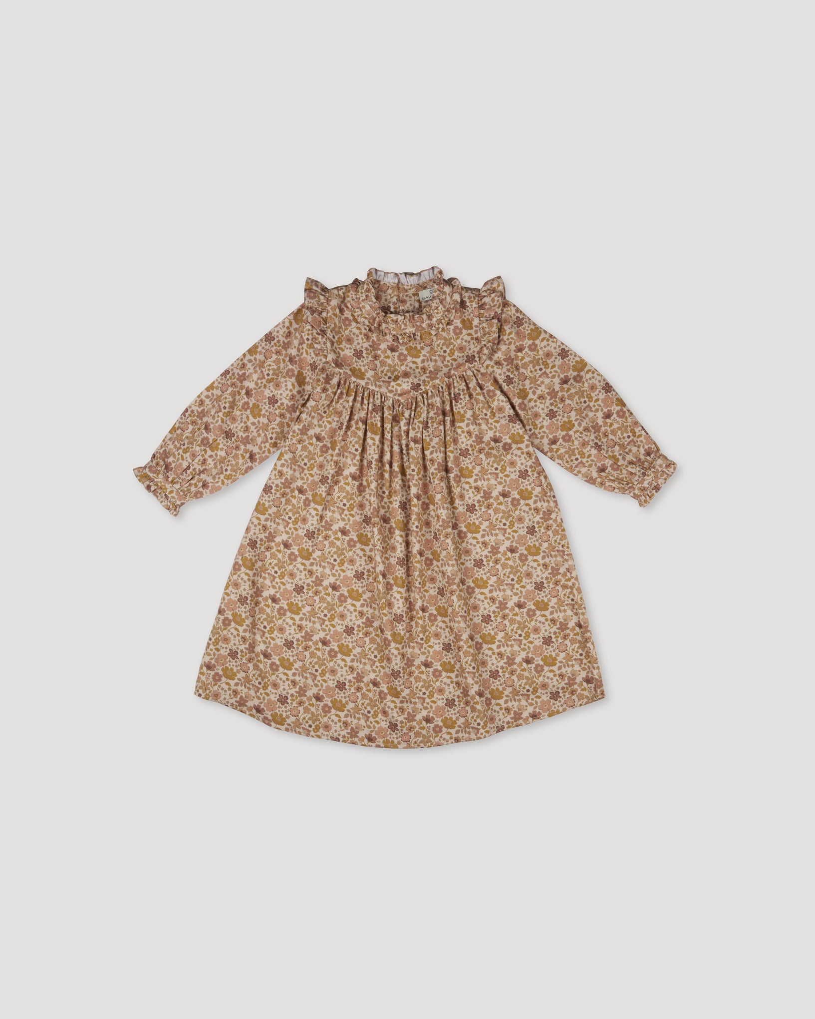 Early Sunday, Louise Dress in Garden Flowers Dusty Pink, made from Printed Cotton Satin fabric, featuring classic silhouette with a charming print, shown in a front flat-lay view