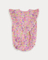 Early Sunday, Lucy Baby Bubble Romper in Emma Floral Purple color, made from 100% Organic Cotton 60s Cambric fabric, featuring a floral print with lace borders, shown in a back flat-lay view