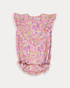 Early Sunday, Lucy Baby Bubble Romper in Emma Floral Purple color, made from 100% Organic Cotton 60s Cambric fabric, featuring a floral print with lace borders, shown in a front flat-lay view