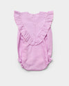 Early Sunday, Lucy Baby Bubble Romper in Lilac color, made from 70% Cotton 30% Linen fabric, featuring a bubble pattern with beautiful embroidery, shown in a back flat-lay view