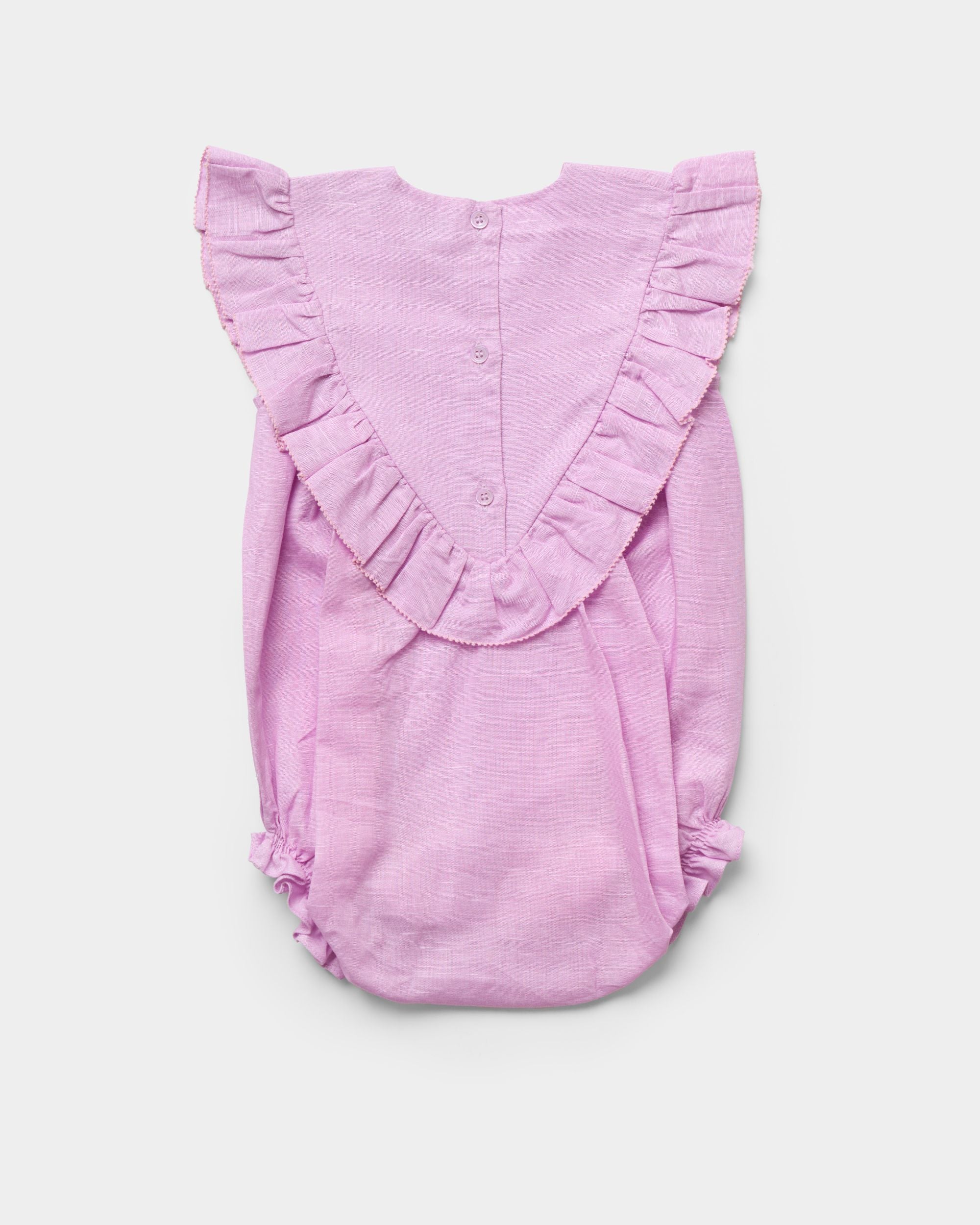 Early Sunday, Lucy Baby Bubble Romper in Lilac color, made from 70% Cotton 30% Linen fabric, featuring a bubble pattern with beautiful embroidery, shown in a back flat-lay view