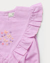 Early Sunday, Lucy Baby Bubble Romper in Lilac color, made from 70% Cotton 30% Linen fabric, featuring a bubble pattern with beautiful embroidery, shown in a closeup flat-lay view