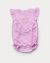 Early Sunday, Lucy Baby Bubble Romper in Lilac color, made from 70% Cotton 30% Linen fabric, featuring a bubble pattern with beautiful embroidery, shown in a front flat-lay view