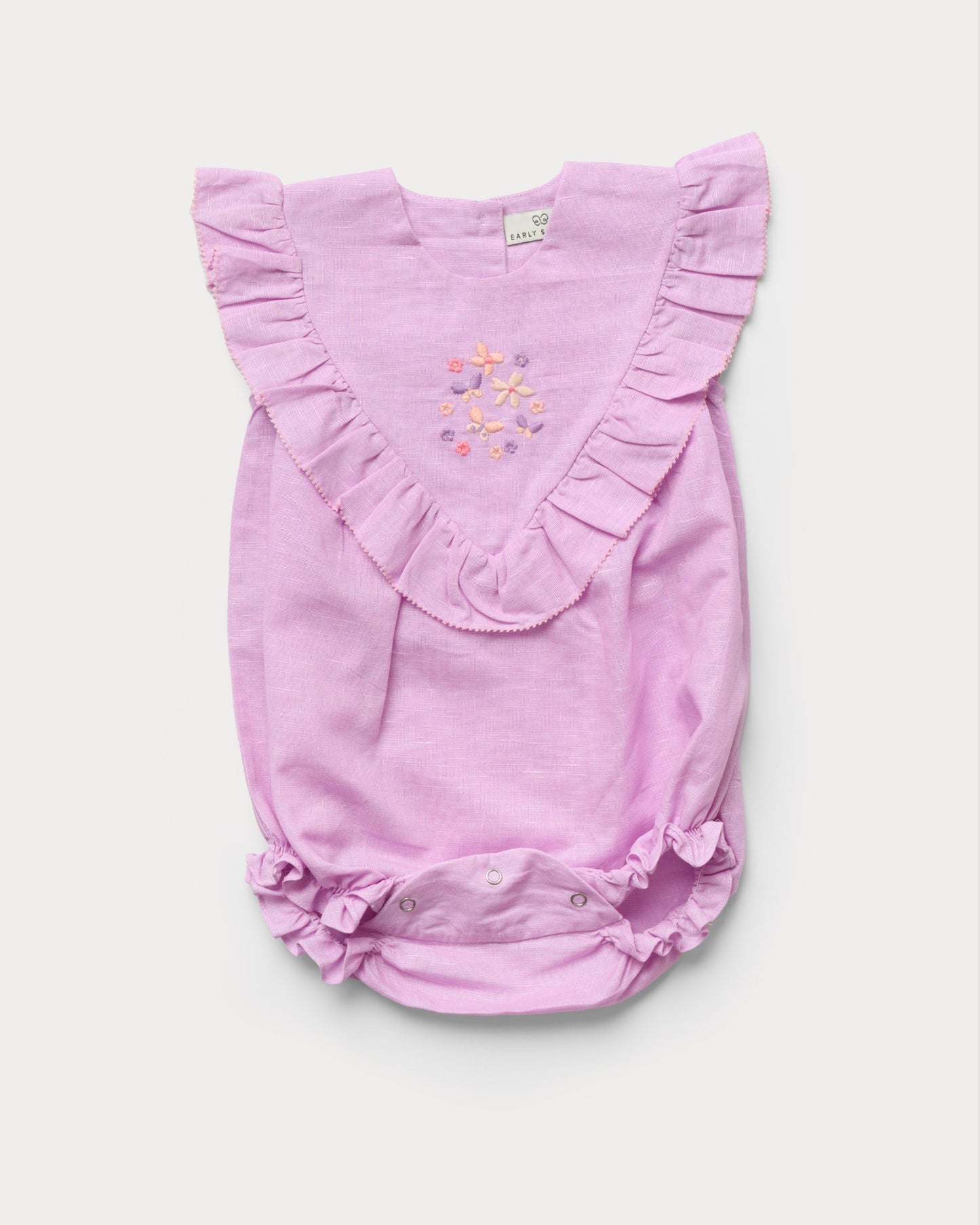 Early Sunday, Lucy Baby Bubble Romper in Lilac color, made from 70% Cotton 30% Linen fabric, featuring a bubble pattern with beautiful embroidery, shown in a front flat-lay view
