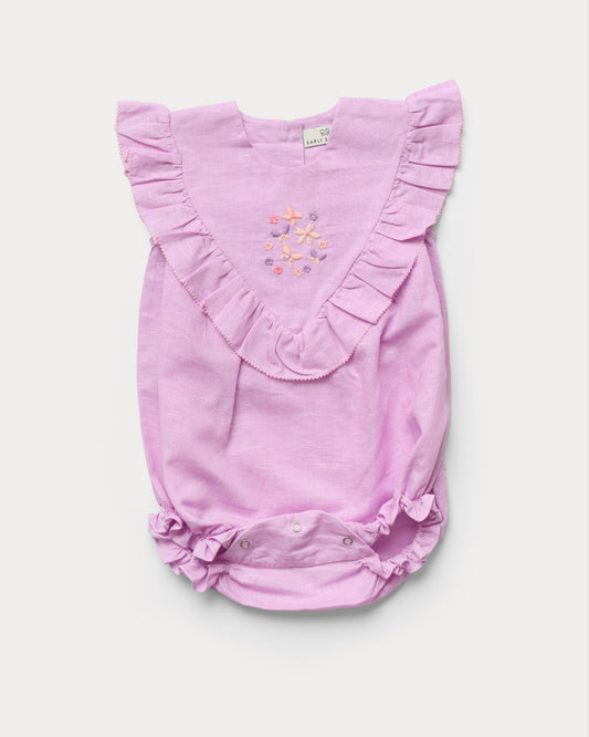 Early Sunday, Lucy Baby Bubble Romper in Lilac color, made from 70% Cotton 30% Linen fabric, featuring a bubble pattern with beautiful embroidery, shown in a front flat-lay view