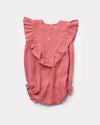 Early Sunday, Lucy Baby Bubble Romper in Peony color, made from 70% Cotton 30% Linen fabric, featuring a bubble pattern with beautiful embroidery, shown in a back flat-lay view