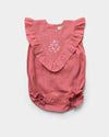 Early Sunday, Lucy Baby Bubble Romper in Peony color, made from 70% Cotton 30% Linen fabric, featuring a bubble pattern with beautiful embroidery, shown in a front flat-lay view