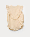 Early Sunday, Lucy Baby Bubble Romper in Sand color, made from 70% Cotton 30% Linen fabric, featuring a bubble pattern with beautiful embroidery, shown in a back flat-lay view