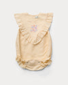 Early Sunday, Lucy Baby Bubble Romper in Sand color, made from 70% Cotton 30% Linen fabric, featuring a bubble pattern with beautiful embroidery, shown in a front flat-lay view