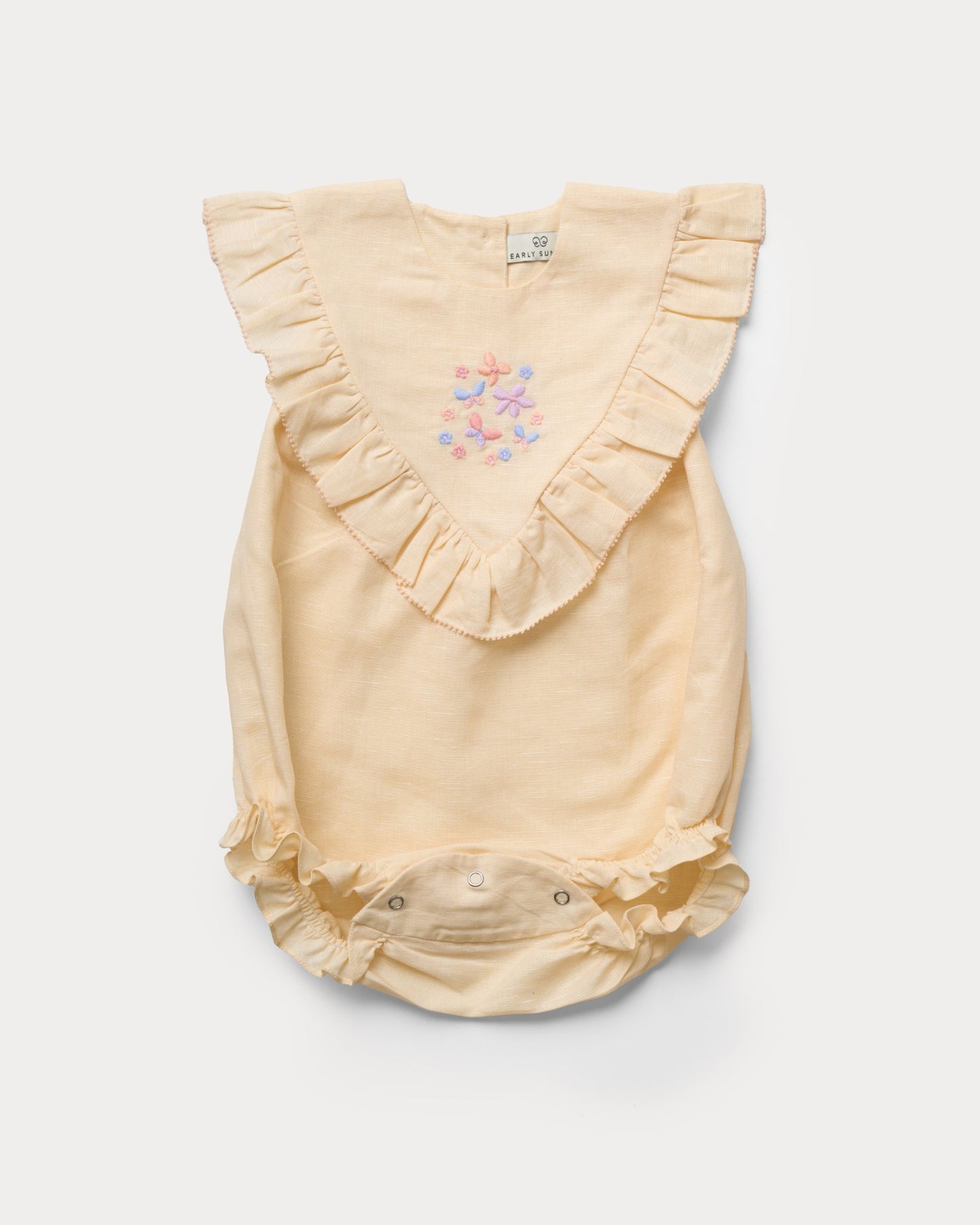 Early Sunday, Lucy Baby Bubble Romper in Sand color, made from 70% Cotton 30% Linen fabric, featuring a bubble pattern with beautiful embroidery, shown in a front flat-lay view