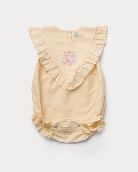 Early Sunday, Lucy Baby Bubble Romper in Sand color, made from 70% Cotton 30% Linen fabric, featuring a bubble pattern with beautiful embroidery, shown in a front flat-lay view