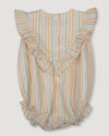 Early Sunday, Lucy Baby Bubble Romper in Summer Stripe, made from Printed canvas 70% Cotton 30% Linen fabric, featuring ruffled neckline for a delicate touch and elasticated leg openings for a comfortable fit, shown in a back flat-lay view