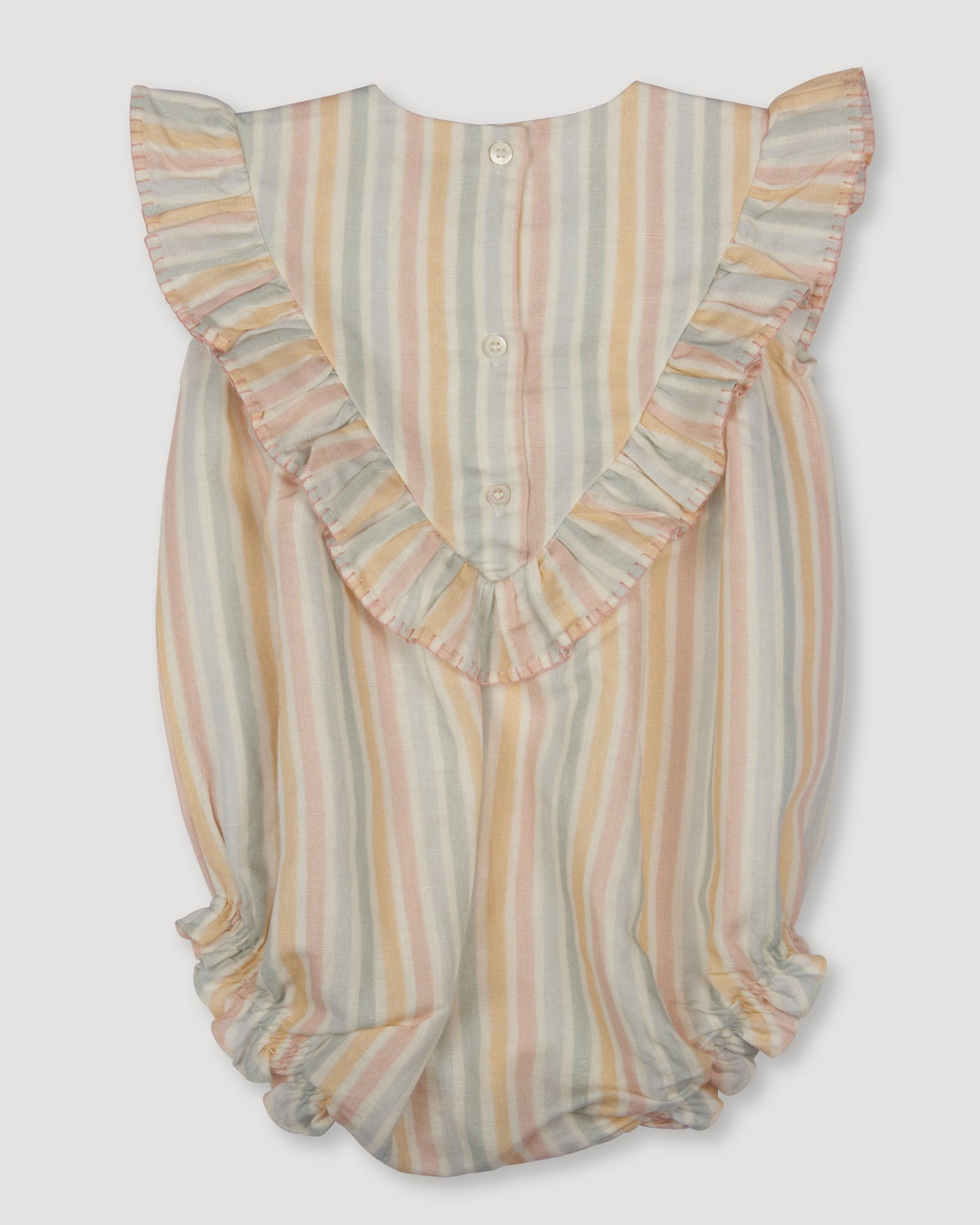 Early Sunday, Lucy Baby Bubble Romper in Summer Stripe, made from Printed canvas 70% Cotton 30% Linen fabric, featuring ruffled neckline for a delicate touch and elasticated leg openings for a comfortable fit, shown in a back flat-lay view