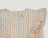 Early Sunday, Lucy Baby Bubble Romper in Summer Stripe, made from Printed canvas 70% Cotton 30% Linen fabric, featuring ruffled neckline for a delicate touch and elasticated leg openings for a comfortable fit, shown in a closeup flat-lay view