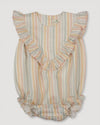 Early Sunday, Lucy Baby Bubble Romper in Summer Stripe, made from Printed canvas 70% Cotton 30% Linen fabric, featuring ruffled neckline for a delicate touch and elasticated leg openings for a comfortable fit, shown in a front flat-lay view