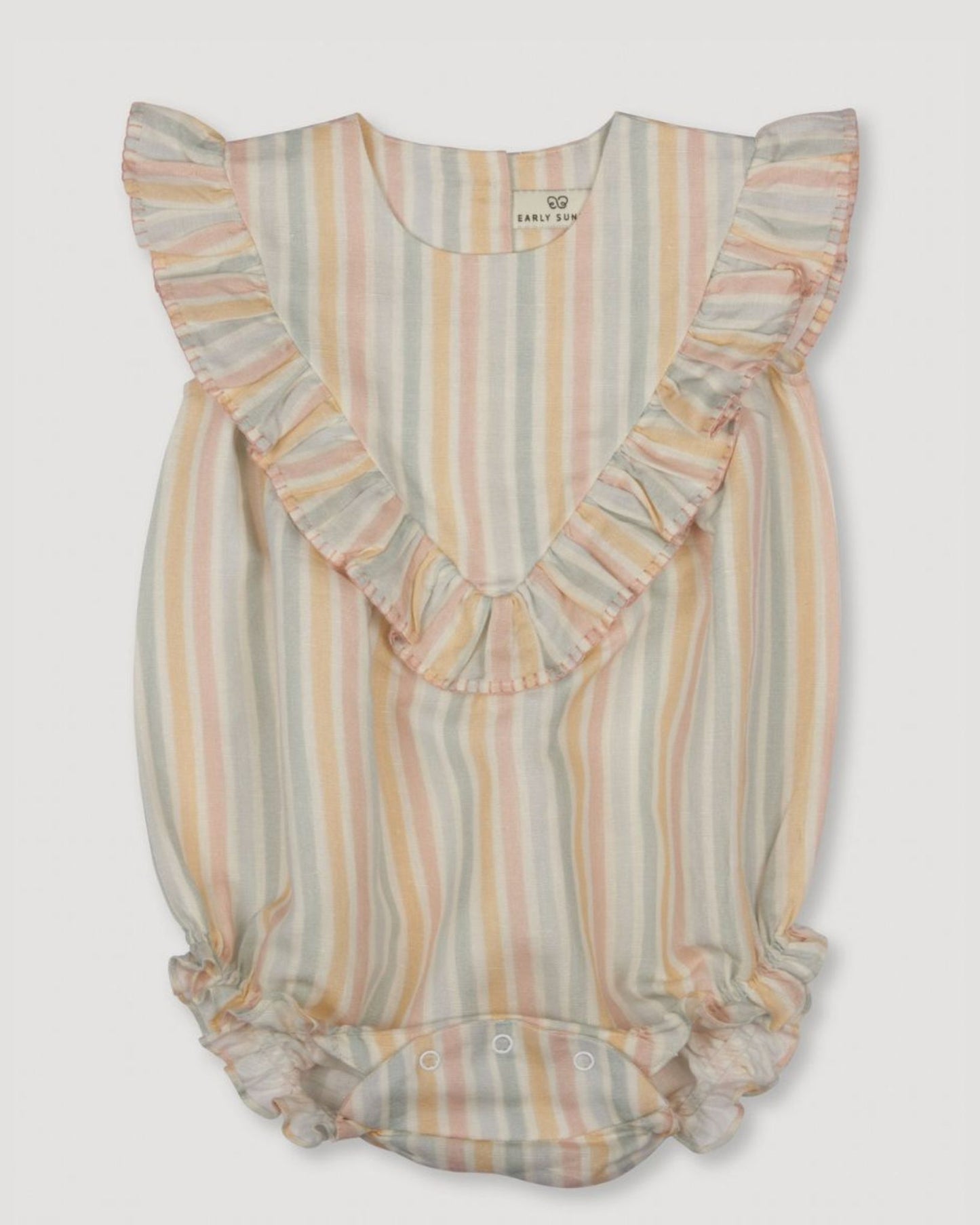 Early Sunday, Lucy Baby Bubble Romper in Summer Stripe, made from Printed canvas 70% Cotton 30% Linen fabric, featuring ruffled neckline for a delicate touch and elasticated leg openings for a comfortable fit, shown in a front flat-lay view