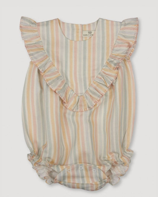 Early Sunday, Lucy Baby Bubble Romper in Summer Stripe, made from Printed canvas 70% Cotton 30% Linen fabric, featuring ruffled neckline for a delicate touch and elasticated leg openings for a comfortable fit, shown in a front flat-lay view
