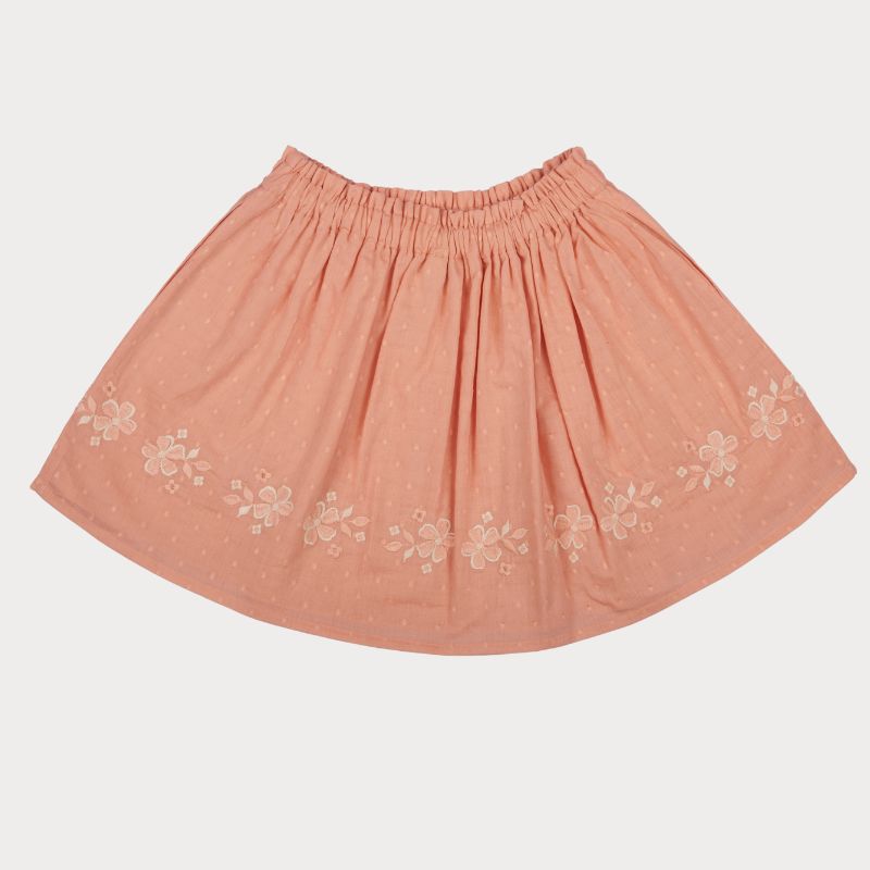 Early Sunday, Luna Skirt in Strawberry color, made from Cotton Dobby Swiss Dots fabric, featuring flattering silhouette with an easy fit, shown in a back flat-lay view
