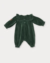 Early Sunday, Maggie Baby Overall Romper in Forest Green, made from Cotton Velvet Velour's fabric, featuring a floral embroidery with frilled sleeves across shoulder, shown in a back flat-lay view