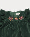 Early Sunday, Maggie Baby Overall Romper in Forest Green, made from Cotton Velvet Velour's fabric, featuring a floral embroidery with frilled sleeves across shoulder, shown in a closeup flat-lay view