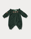 Early Sunday, Maggie Baby Overall Romper in Forest Green, made from Cotton Velvet Velour's fabric, featuring a floral embroidery with frilled sleeves across shoulder, shown in a front flat-lay view