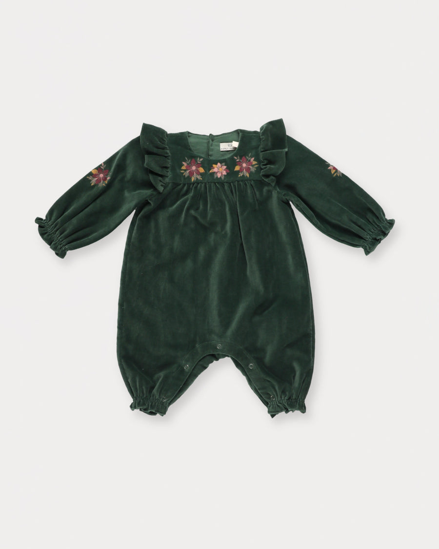 Early Sunday, Maggie Baby Overall Romper in Forest Green, made from Cotton Velvet Velour's fabric, featuring a floral embroidery with frilled sleeves across shoulder, shown in a front flat-lay view