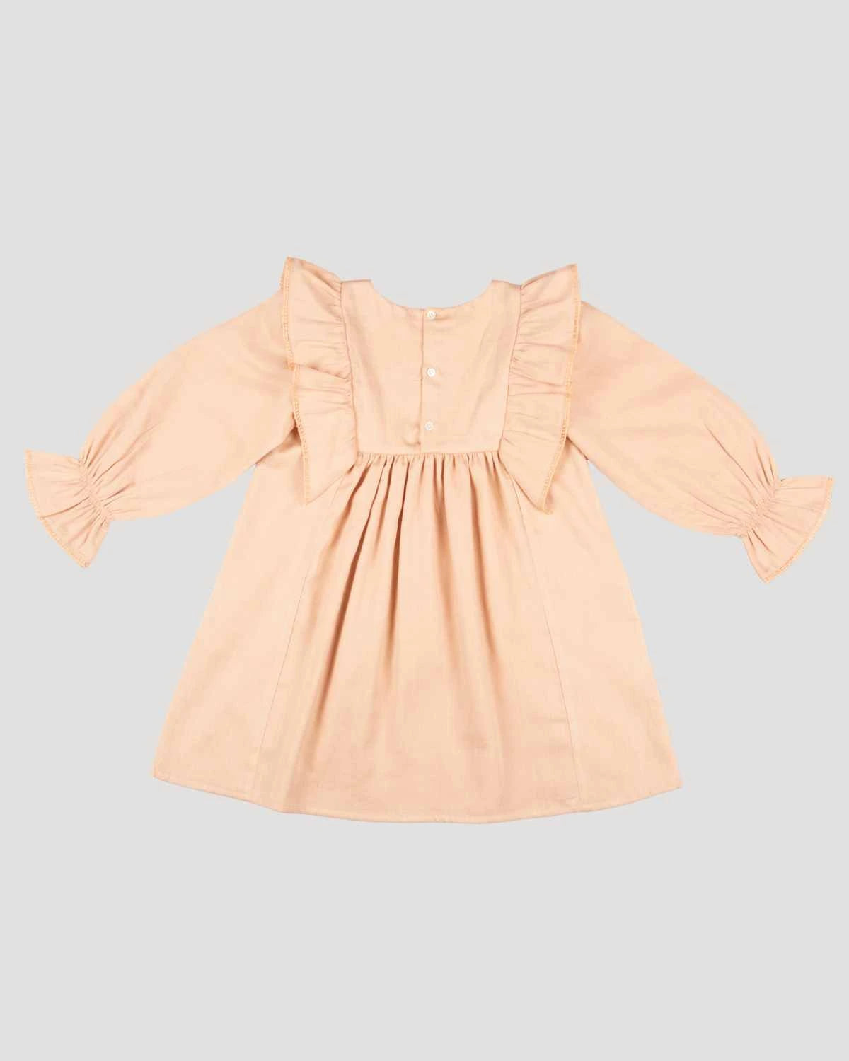 Early Sunday, Margot Dress in Beige, made from Cotton Satin fabric, featuring classic silhouette with floral embroidery around the yoke and ruffle detailing, shown in a back flat-lay view