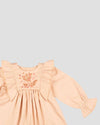 Early Sunday, Margot Dress in Beige, made from Cotton Satin fabric, featuring classic silhouette with floral embroidery around the yoke and ruffle detailing, shown in a closeup flat-lay view