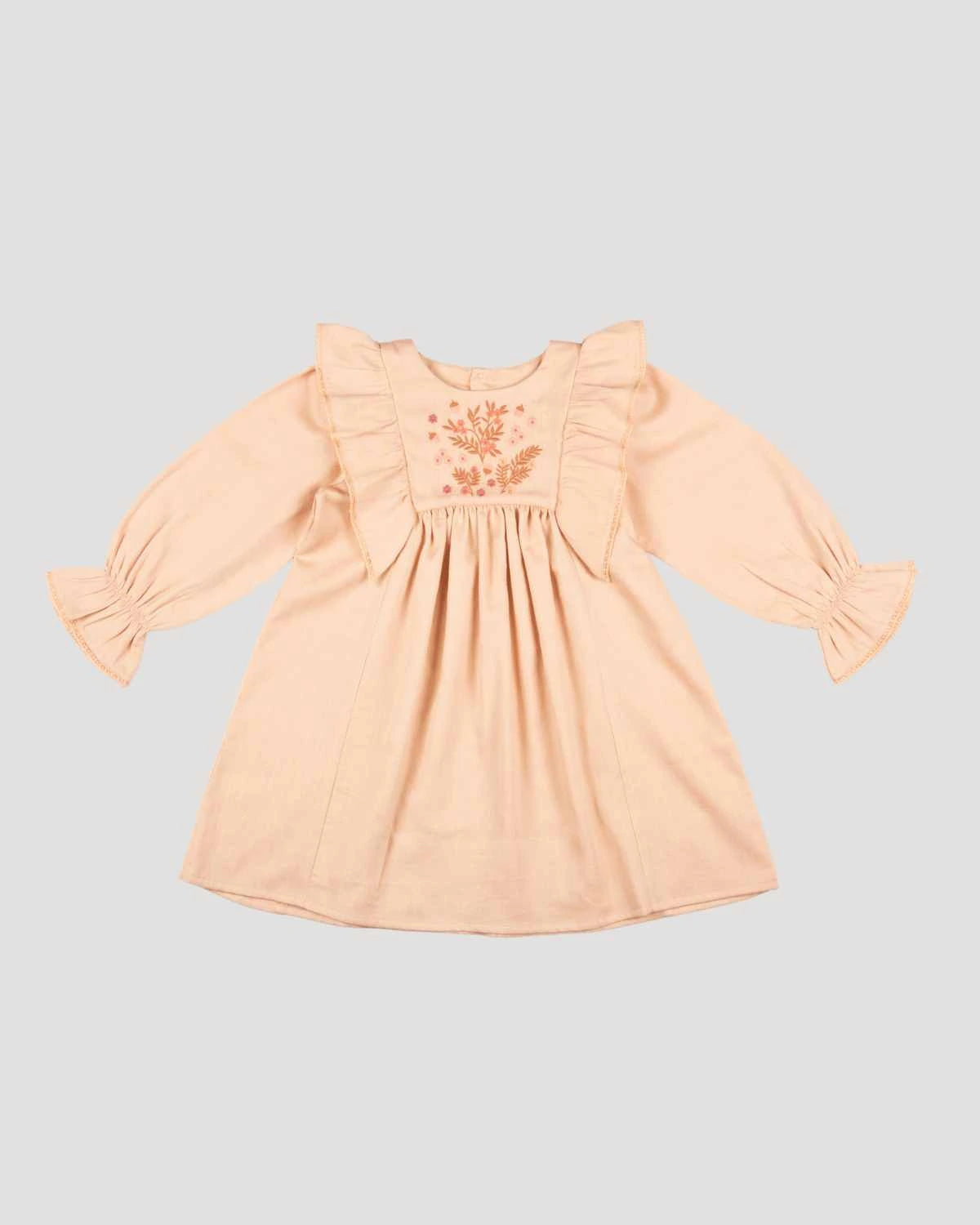 Early Sunday, Margot Dress in Beige, made from Cotton Satin fabric, featuring classic silhouette with floral embroidery around the yoke and ruffle detailing, shown in a front flat-lay view