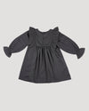 Early Sunday, Margot Dress in Stormy Blue, made from Cotton Satin fabric, featuring classic silhouette with floral embroidery around the yoke and ruffle detailing, shown in a back flat-lay view