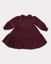 Early Sunday, Marguerite Dress in Plum, made from Cotton Double Gauze fabric, featuring floral embroidery with frilled Peter Pan collar, shown in a back flat-lay view