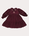 Early Sunday, Marguerite Dress in Plum, made from Cotton Double Gauze fabric, featuring floral embroidery with frilled Peter Pan collar, shown in a front flat-lay view