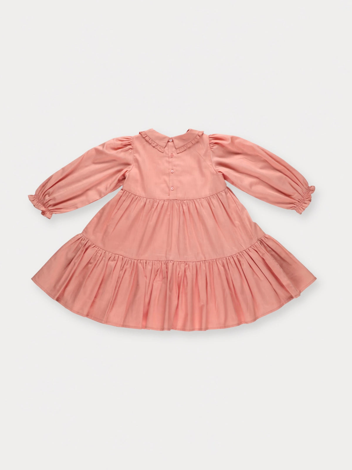Early Sunday, Marguerite Dress in Blush Pink, made from Cotton Satin fabric, featuring floral embroidery with frilled Peter Pan collar, shown in a back flat-lay view