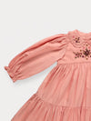 Early Sunday, Marguerite Dress in Blush Pink, made from Cotton Satin fabric, featuring floral embroidery with frilled Peter Pan collar, shown in a closeup flat-lay view