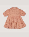Early Sunday, Marguerite Dress in Acorn Dusty Pink, made from Printed Cotton Double Gauze fabric, featuring classic silhouette with a collar and ruffle detailing, shown in a back flat-lay view