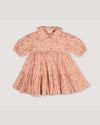 Early Sunday, Marguerite Dress in Acorn Dusty Pink, made from Printed Cotton Double Gauze fabric, featuring classic silhouette with a collar and ruffle detailing, shown in a front flat-lay view