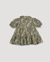 Early Sunday, Marguerite Dress in Autumn Bloom Soft Green, made from Printed Cotton Double Gauze fabric, featuring classic silhouette with a collar and ruffle detailing, shown in a front flat-lay view