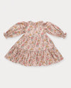 Early Sunday, Marguerite Dress in Bloom, made from Printed Viscose Twill fabric, featuring floral embroidery with frilled Peter Pan collar and gathered sleeves, shown in a back flat-lay view