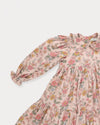 Early Sunday, Marguerite Dress in Bloom, made from Printed Viscose Twill fabric, featuring floral embroidery with frilled Peter Pan collar and gathered sleeves, shown in a closeup flat-lay view